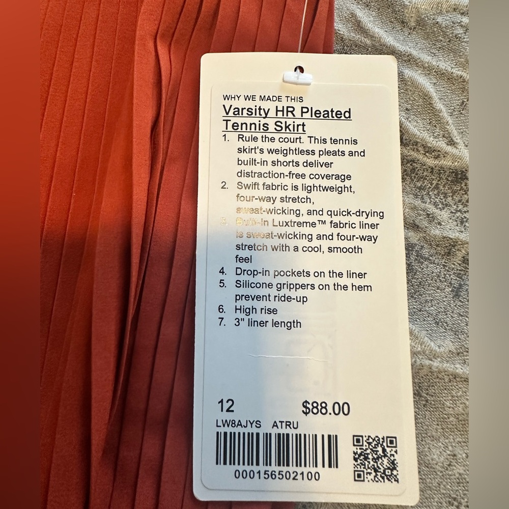 Lululemon Varsity High-Rise Pleated Tennis Skirt - Autumn Rust-Size 12-NWT - Picture 11 of 11